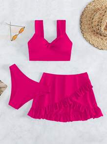 SHEIN Swim Women Summer Beach Solid Color Twist Design 2pcs Bikini Set With Coverup & Mini Skirt - Hot Pink - View 4