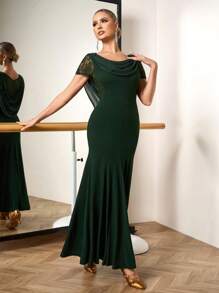 Mulvari Oversized Ruffle Lace Chiffon Patchwork Draped Neck Dress For Women, Suitable For Dancing