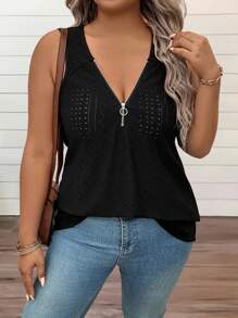 Breezaya Áo thun cỡ lớn kiểu dáng thường ngày, màu trơn, khoét lỗ, thêu họa tiết. - màu đen - Xem 4