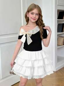 SHEIN Maglietta aderente a maniche corte con decorazione a fiocco sulla spalla, stile elegante signorile per ragazze adolescenti