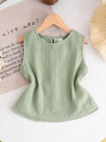SHEIN LMoss Kids Tween Girls' Casual Solid Color Crew Neck Sleeveless Camisole Top