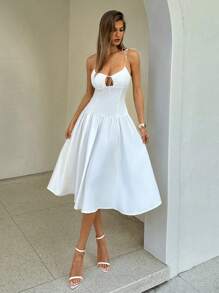 Aloruh Women's Elegant French Style Solid Color Slim Fit Waist Cinched Spaghetti Strap Midi Dress, Suitable For Vacation Women White Dress Women Summer Dress - White - View 1