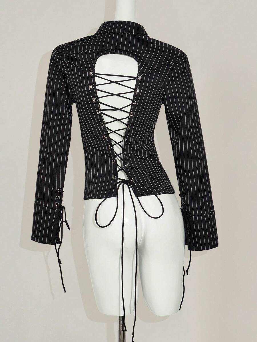 SHEIN ICON 长袖条纹后背系带可调节衬衫夏季春季女士演唱会女装工作办公室