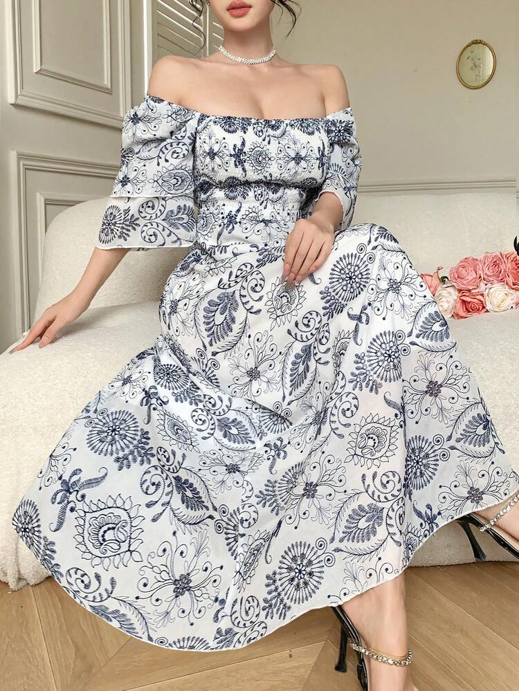 Elegant Boho Retro Style Blue & White Porcelain Floral Off Shoulder Midi Dress For Women, Summer