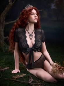2pcs Vintage Palace Style Lace Embellished Strappy Bra & Panty Set For Women, Sexy Lingerie Set - Black - View 5