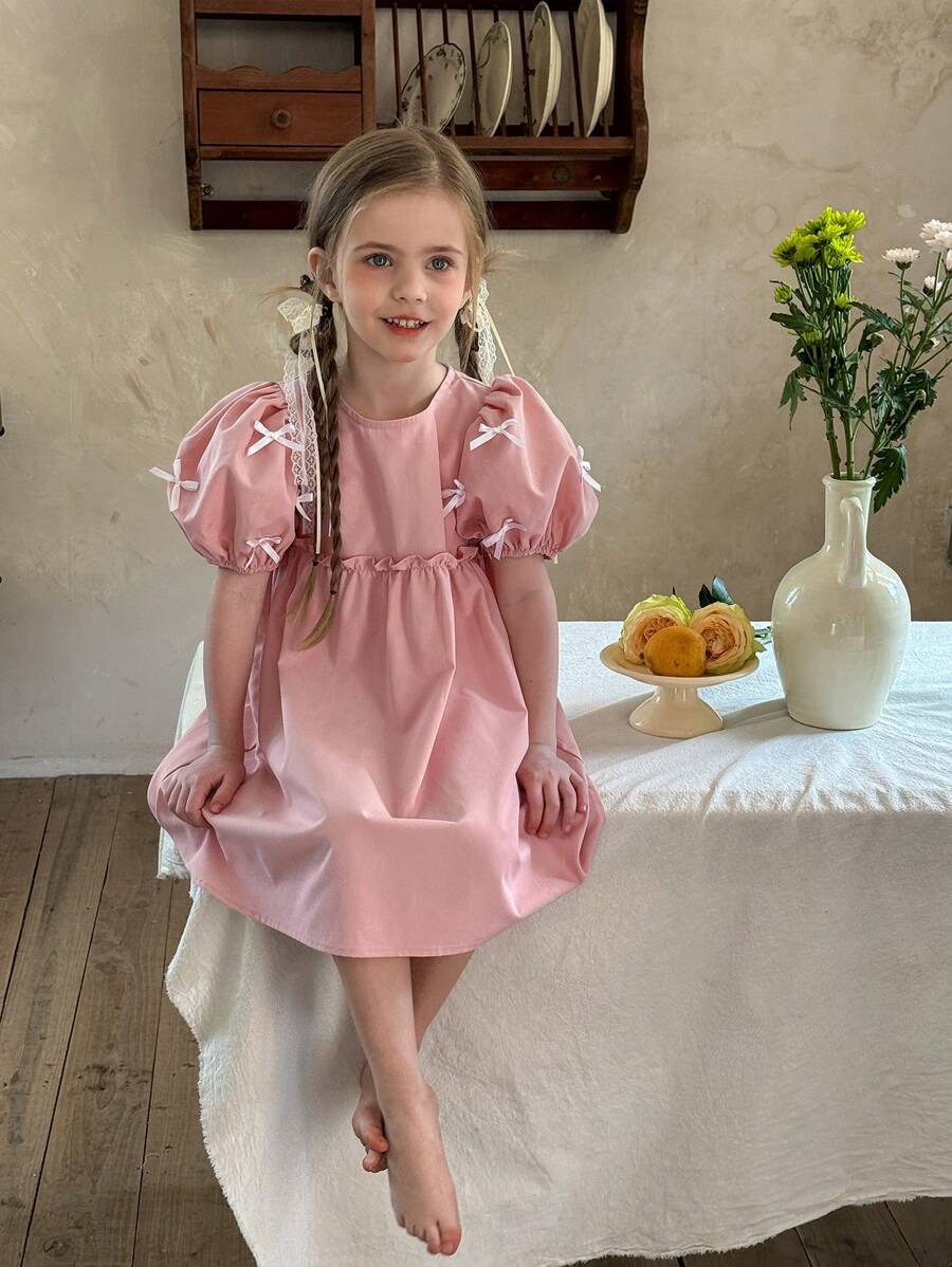 LMoss Kids LMoss  Young Girls Solid Color Round Neck Fitted Puff Sleeve Casual Dress Classic Dress For Girls Matching Girls Dresses Pretty Dresses For Girls Vintage Girls Dress Sisters Outfit,Suitable For Spring And Summer - Pink - View 1