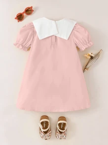 SHEIN 可爱甜美少女纯色连衣裙，夸张大蝴蝶结，撞色领子，泡泡袖短款，适合夏季 - 淺粉色 - 查看 2