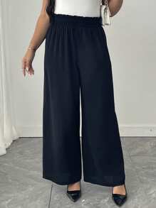 SHEIN Tall Pantalones rectos de pierna recta con textura y volantes en el borde, ideales para trabajo y transporte, en talla grande, color negro - Negro - Ver 6