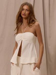 MUSERA Elegant Boho Romantic Thin Halterneck Textured Ruched Bust Split Front Top For Spring Summer Vacation Holiday Beachwear Ibiza - Cream - View 1
