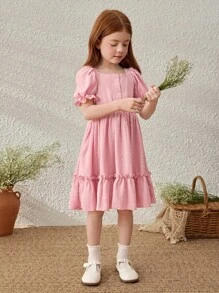 Blossori Young Girls' Elegant Pink Puff Sleeve Ruffle Hem Dress, Spring/Summer French Style - Pink - View 4