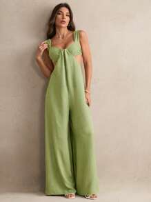 SHEIN Tall 女士纯色性感露背镂空吊带吊带连衣裙 - 綠色 - 查看 1