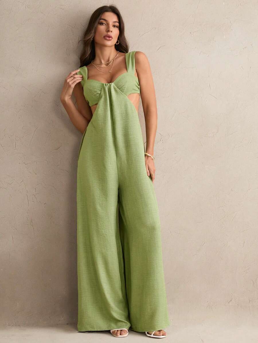 SHEIN Tall 女士纯色性感露背镂空吊带吊带连衣裙 - 綠色 - 查看 1