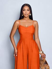 SOLERSUN Women's Draped Front Draped Collar Lace Up Backless Wide Leg Cami Jumpsuit, For Everyday Wear & Vacation - Orange - View 5