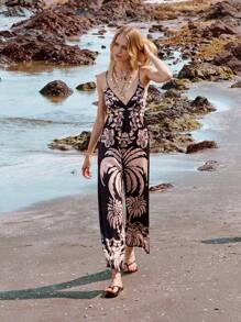 Lumivelle Women's Vacation Tropical Plants Print Elegant Unique Romper