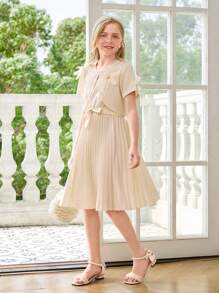 2pcs/Set Tween Girl 3D Floral Jacket And Pleated Cami Dress With Belt - Apricot - View 1