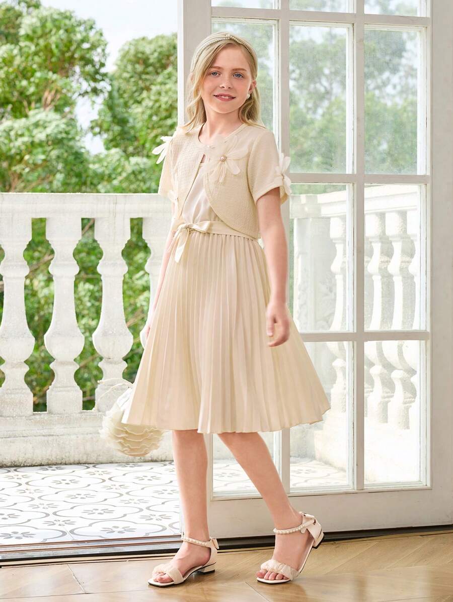 2pcs/Set Tween Girl 3D Floral Jacket And Pleated Cami Dress With Belt - Apricot - View 1