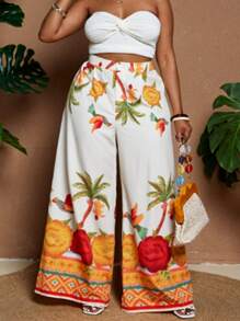 Maweii Plus Size Digitally Printed Wide Leg High Waist Elegant Vacation Pants Fall Cloth For Women - Multicolor - View 3