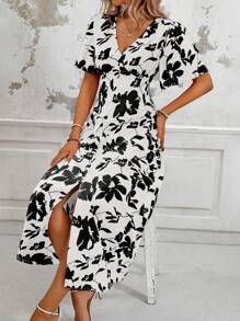 SHEIN Clasi 女士热带植物印花 V 领荷叶边短袖长款优雅连衣裙，带侧开衩下摆，非常适合度假长款女装 - 白色 - 查看 5