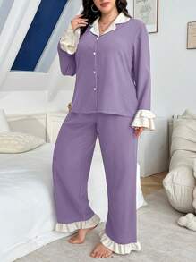 SHEIN Conjunto de pijama de manga larga con cuello con volantes, pantalones largos y colores contrastantes en talla grande