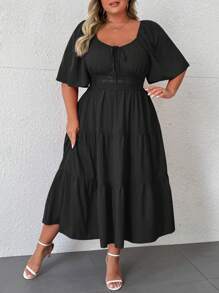 SHEIN CURVE+ Extra Plus Size Sweetheart Neck Ruffled Sleeve Dress For New Year Clothes Maxi Women Outfit