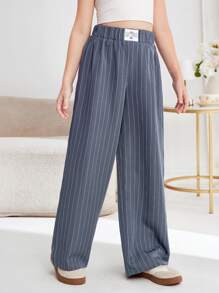 SHEIN Leap Crew Tween Girl 休闲条纹直筒裤 - 灰色 - 查看 6