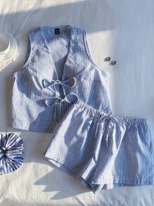 Comfortcana 大码女式条纹前系带吊带背心和短裤套装，夏季 - 藍白色 - 查看 5