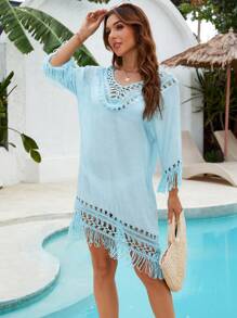 SHEIN Swim Women's Solid Color Vacation Fringe Design Straight Fit Coverup Dress For Summer - Baby Blue - View 5