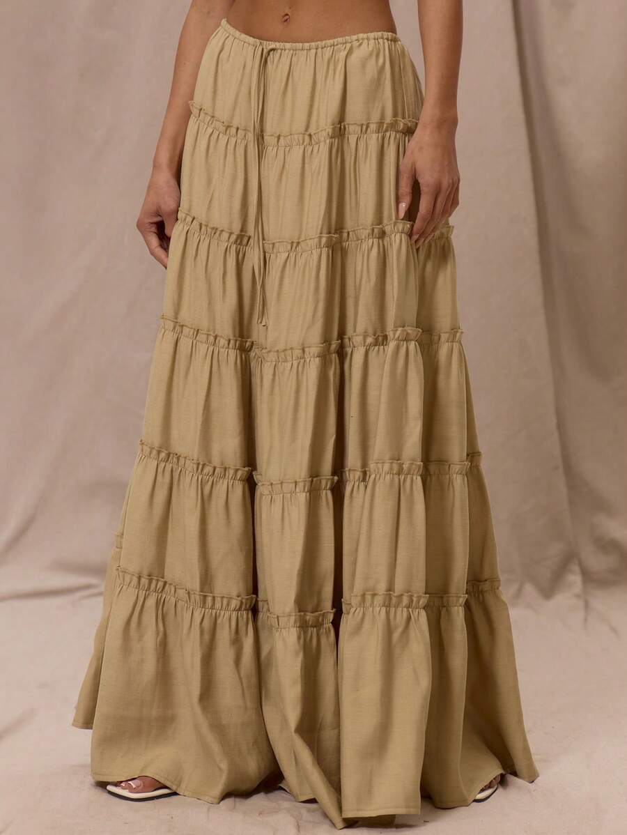 MUSERA Low Rise Drawstring Waist Floaty Tiered Elegant Boho Romantic Linen Feel Maxi Skirt For Summer Vacation Holiday Beachwear Ibiza Mineral - Green - View 1