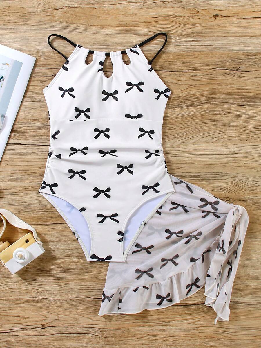 SHEIN Conjunto de traje de baño de una sola pieza con estampado de mariposa y falda de malla para niñas preadolescentes - Multicolor - Ver 1