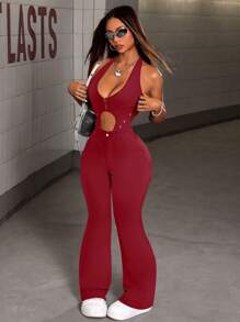 SHEIN ICON Mono para mujer con tirantes finos y ojales laterales, diseño calado - Burdeos - Ver 5