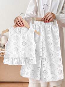 SHEIN 2 Pieces Set Young Girl Woven Solid Color Crew Neck Fitted Camisole & Loose Fit Wide Leg Pants - White - View 2