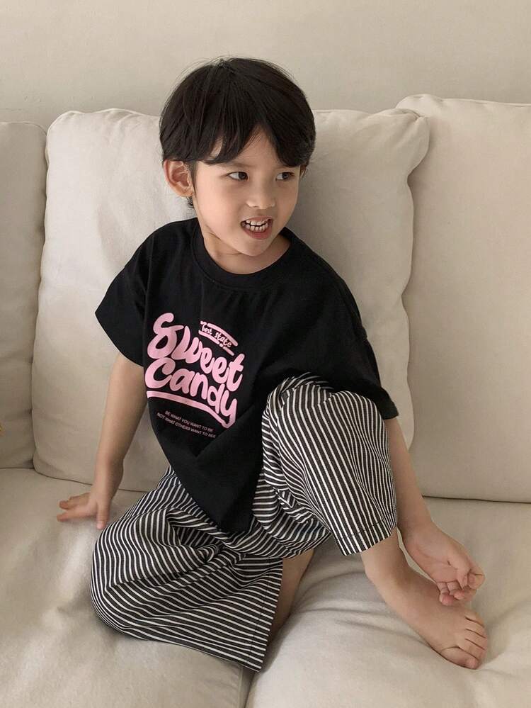 2pcs/Set Toddler Boys Letter Print Crew Neck Knit Tee + Striped Pants Outfit, Spring/Summer