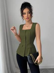 Elenzga Áo sơ mi nữ cổ vuông không tay tối giản có trang trí túi giả, phong cách đi làm thanh lịch, mùa xuân/hè - xanh quân đội - Xem 6