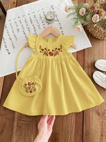 LMoss Kids LMoss Baby Girl Woven Embroidered Round Neck Ruffle Hem Dress With Diagonal Shoulder Bag,Sisters Outfit,Suitable For Spring And Summer - Yellow - View 1