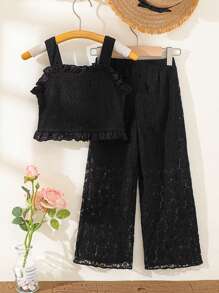 SHEIN Elladie kids 2pcs Set: Lace Spaghetti Strap Sleeveless Top + Lace Cropped Pants For Young Girls, Casual & Sweet Style, Spring/Summer New Arrival - Black - View 2