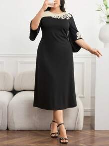 Modelyn Vestido elegante de talla grande con contraste de color y parche de encaje - Multicolor - Ver 2