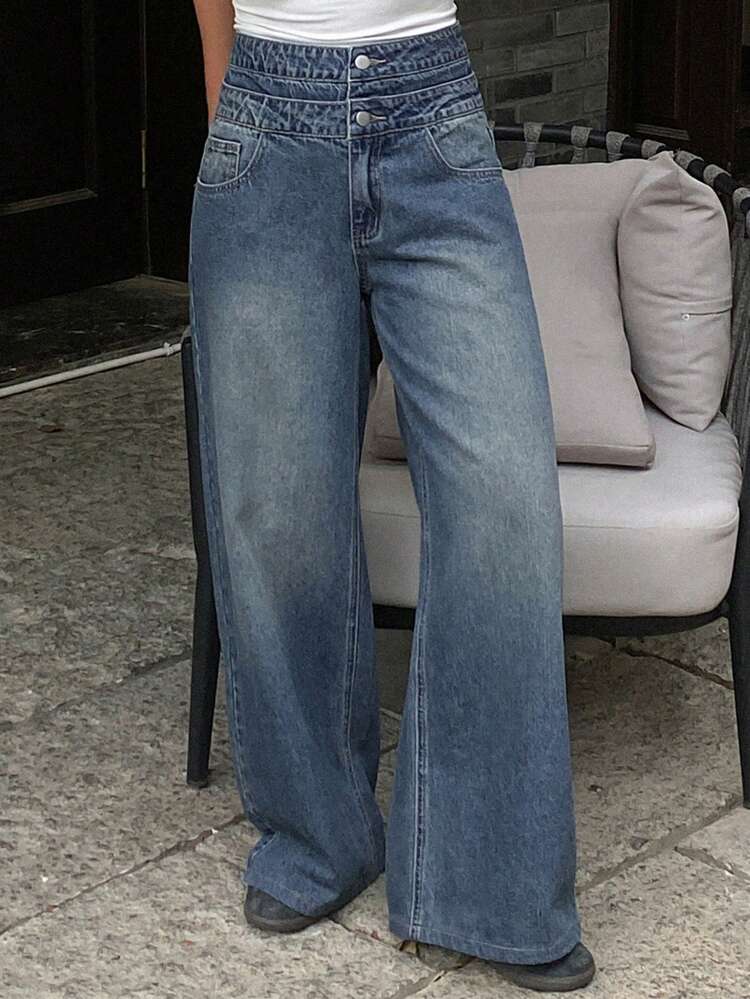 Women's Double Waistband Design Straight Leg Jeans
