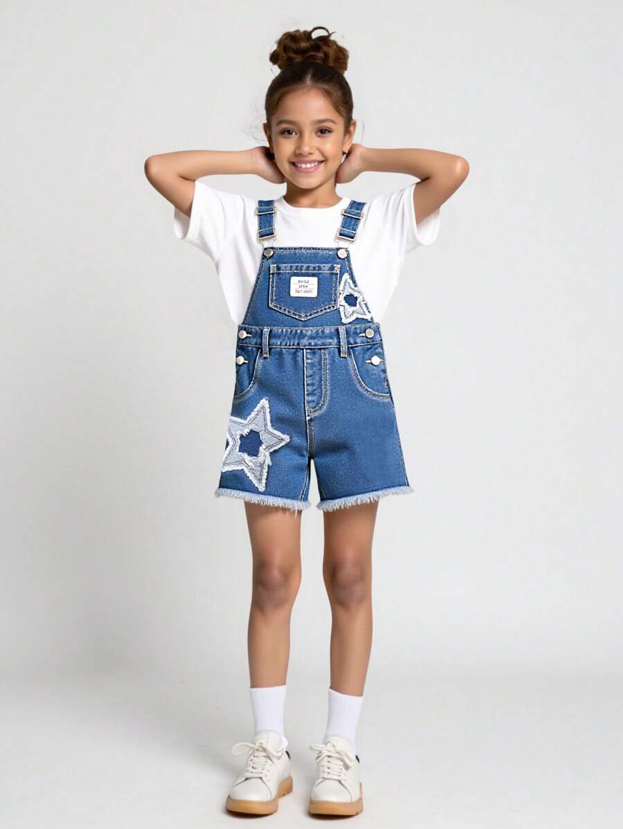 Young Girls Distressed Denim Overalls & Jumpsuits, Pentagram Embroidery Casual Washed Rompers, Stylish And Versatile - Medium Wash - View 1