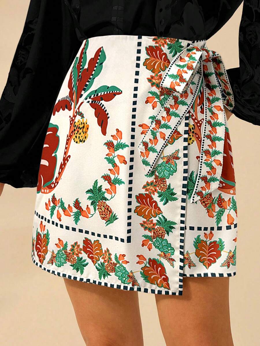 CAJUNI Damen tropischer Boho Kokosbaum, Ananas, Azalee Muster, Wickel Schnürrock, Urlaub Lässig Strand Sommer Mini Rock