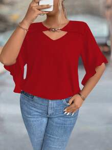 SHEIN Clasi Plus Size Hollow Out Collar Ruffle Sleeve Solid Color Blouse - Red - View 3