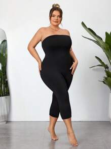 SHEIN CURVE+ Plus Size High Stretch Tight-Fitting Jumpsuit, Minimalist & Fashionable, Suitable For Summer - Black - View 3