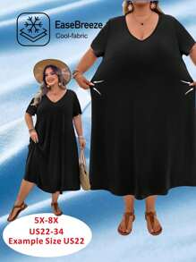 SHEIN CURVE+ Plus Size V-Neck Side Slit Short Sleeve Maxi Knit Dress, Stretchy & Comfy