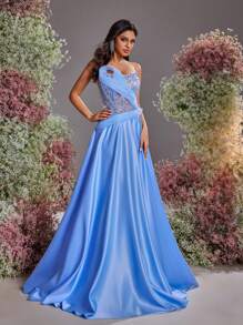 Glamrae Elegant Light Blue Luxurious Three-Dimensional Beaded Mesh See-Through Fishbone Patch Tube Top 3D Three-Dimensional Shape Hem Spliced ​​Glossy Satin A-Line Skirt Suitable For Graduation Back-To-School Season Wedding Events Wedding Guests Birthday Coming Of Age Ceremony Heavy Industry Dinner Ball Dress - Baby Blue - View 5