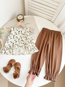 SHEIN 2pcs Set: Young Girl Sleeveless Ditsy Floral Ruffle Collar Top & Wide Leg Solid Loose Pants