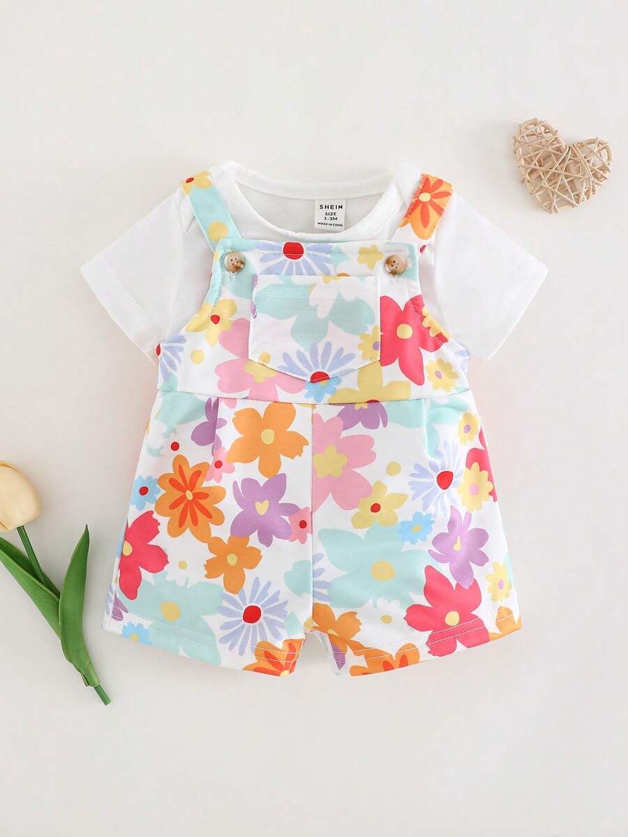SHEIN Newborn Baby Girl Floral Print Pocket Front Jumpsuit With Shorts, Casual & Versatile