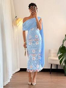 Chiquease 优雅时尚迷人不对称肩部收腰刺绣网眼透明飘逸中长连衣裙，春夏，蓝色 - 藍色 - 查看 3