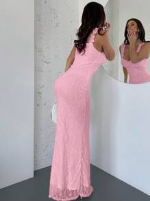 Firerie 女士优雅简约精致浪漫性感时尚约会日常度假婚礼蕾丝荷叶边吊带紧身长款白色连衣裙 - 粉色 - 查看 4