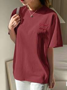 DAZY Loose Minimalist Solid Color Letter Embroidery Short Sleeve Women T-Shirt Oversized T-Shirt - Burgundy - View 4