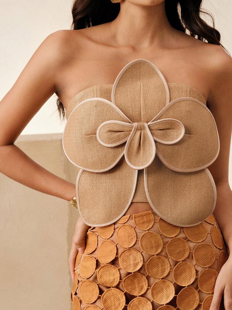 Women 3D Woven Floral Decorated Tube Top, Suitable For Summer, Festival, Casual, Vacation, Holiday, Beach, Elegant, Backless