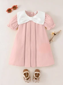 SHEIN 可爱甜美少女纯色连衣裙，夸张大蝴蝶结，撞色领子，泡泡袖短款，适合夏季 - 淺粉色 - 查看 3